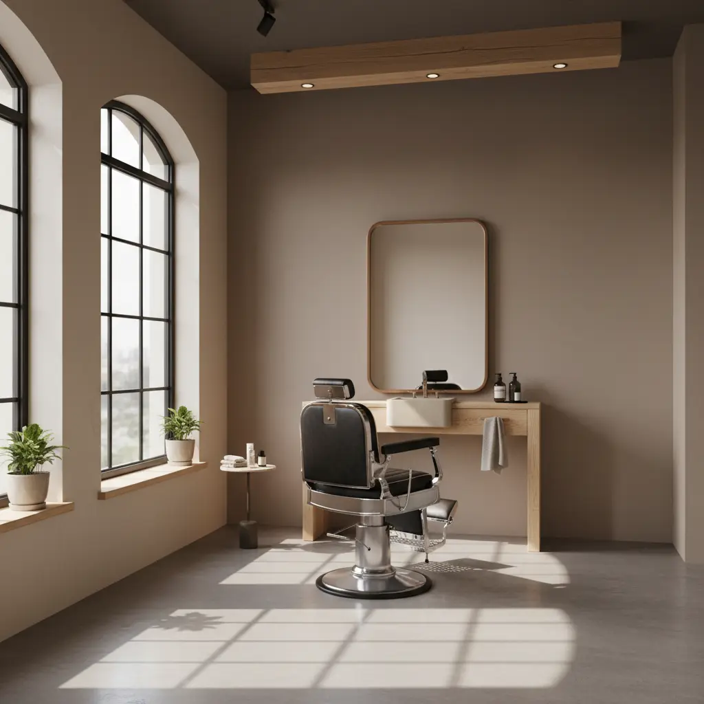 Modern barbershop interior with a classic barber chair and clean workstation