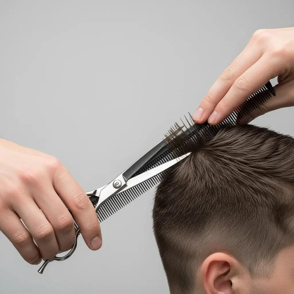 Barber performing a precise scissor over comb haircut