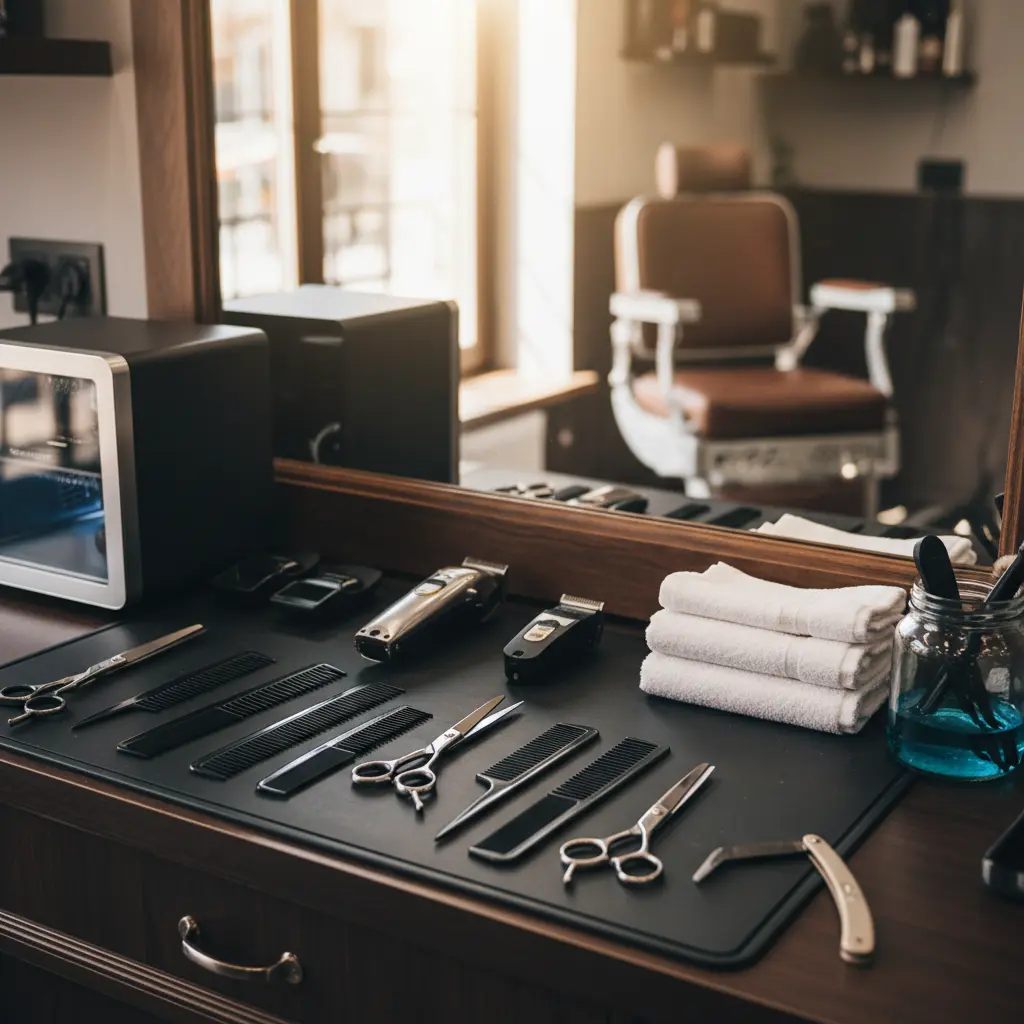 Neat workstation with sanitized barber tools